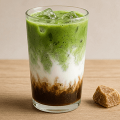 Foto segelas es matcha aren latte: lapisan gula aren cokelat di dasar, susu, dan matcha di atasnya, dengan sebongkah gula aren di samping gelas